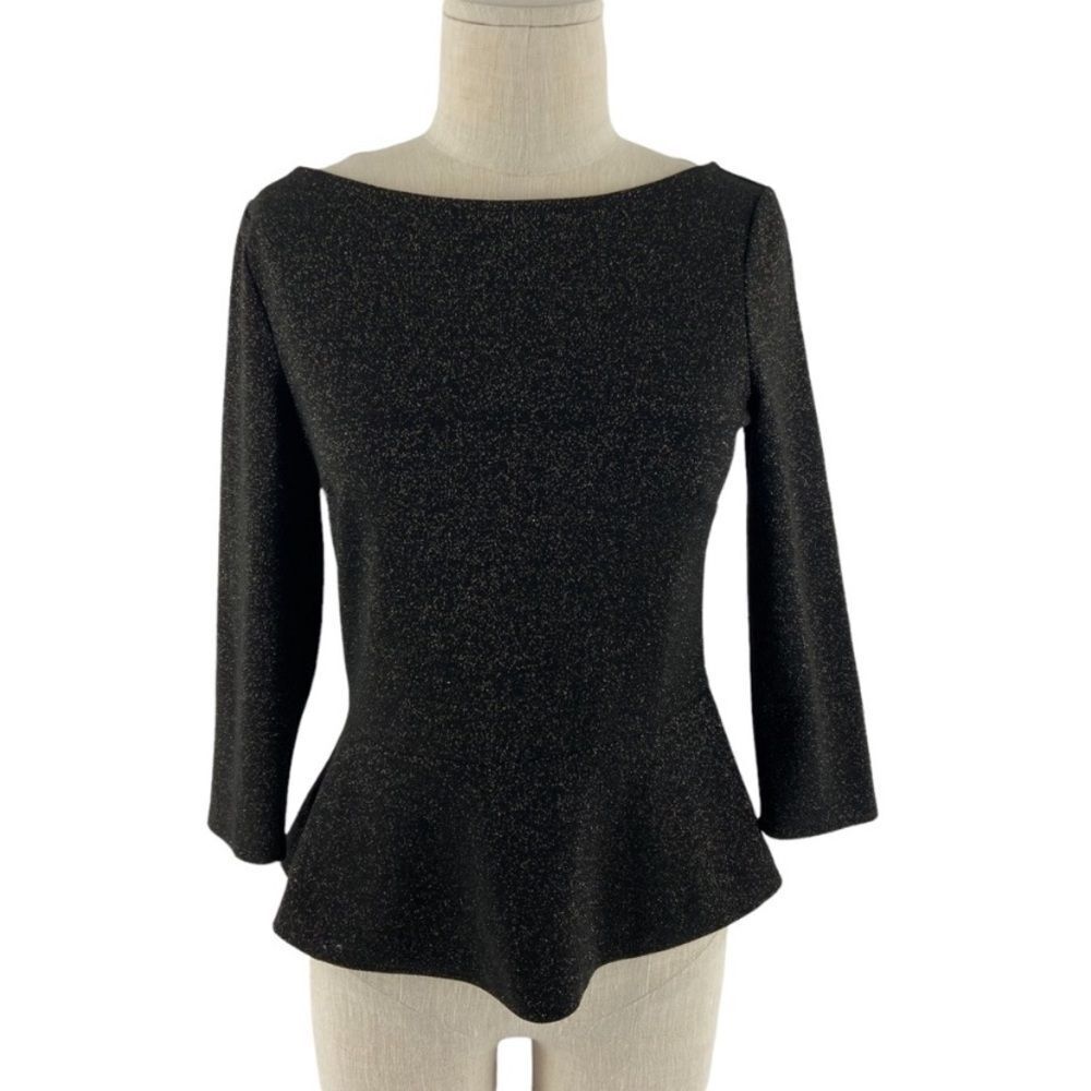 Loft Peplum Sparkle 3/4 Sleeve Black & Gold Shimmer Blouse Career Top size XS